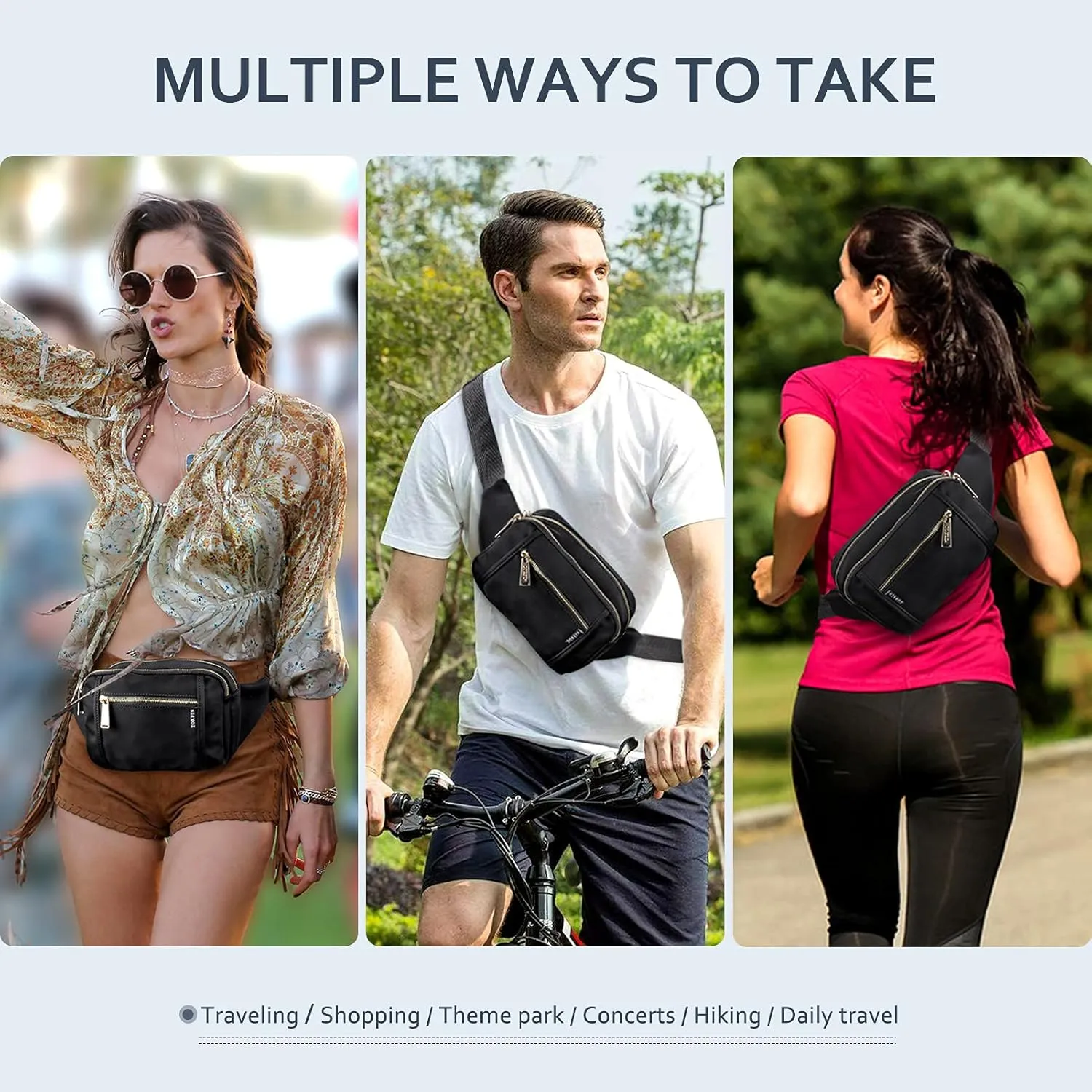 ZORFIN Fanny Packs for Women Men, Quilted Belt Bag with 5 Zipper Pockets, Fashion Waist Pack Crossbody Bag with Adjustable Belt for Travel/Shopping/Hiking/Running/Cycling (Quilted Black)